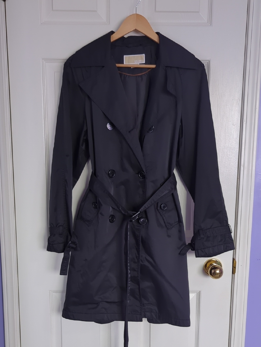 Michael Kors Black Double-Breasted Trench Coat with Waist Tie
